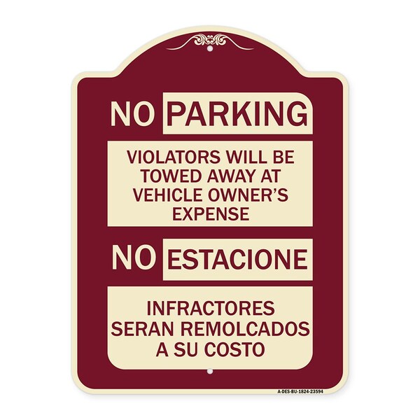 Signmission No Parking Violators Will Be Towed Away at Vehicle Owners Expense No Estacione Infra, BU-1824-23594 A-DES-BU-1824-23594 - main